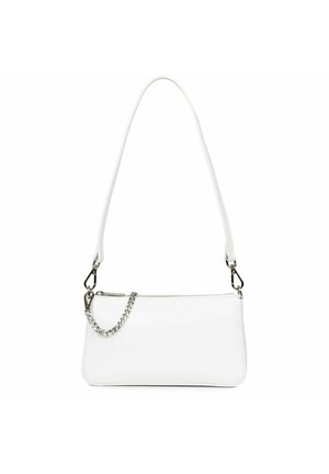 Sac épaule rectangulaire blanc avec fermeture éclair argentée, détail chaîne amovible et bandoulière réglable sur fond blanc.