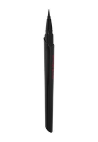 Schwarzer Eyeliner-Stift mit feiner Spitze und einem glatten, eleganten Gehäuse. Verfügt über ein rotes Logo an der Seite. Hergestellt aus Kunststoff mit matter Oberfläche.