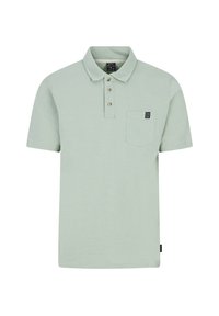 Mintgroen polo shirt met korte mouwen, voorzien van een kraag, een drieknoopssluiting en een borstzak met een logolabel. Zachte stoftextuur.