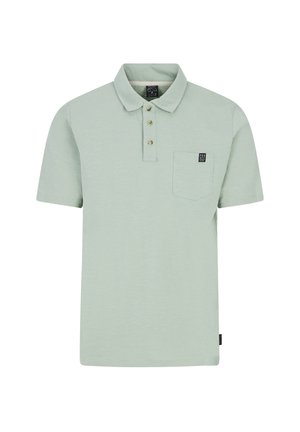 Mint green short-sleeve polo shirt featuring a collar, three button placket, and a chest pocket with a logo label. Soft fabric texture.