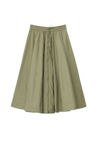Olive green skirt made of lightweight fabric, featuring an elastic waistband, drawstring, and a zipper detail along the front. Full, flared design.