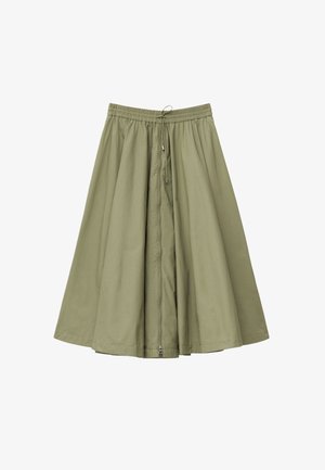 Olivenfarbene Rock aus leichtem Stoff, mit elastischem Bund, Kordelzug und einem Reißverschlussdetail an der Vorderseite. Volle, ausgestellte Passform.