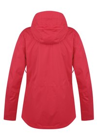 Červená voděodolná bunda s kapucí, dlouhými rukávy a mírně zakřiveným spodním lemem. Hladký povrch, minimální kovové prvky a žádné viditelné zapínání.