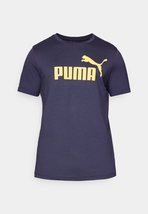 Tamsiai mėlynas medvilninis marškinėliai su dideliu geltonu "PUMA" logotipu ir šokinėjančios pumos grafika viršutiniame kairiajame kampe. Trumpomis rankovėmis, apvalia iškirpte.