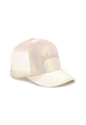 Cappellino da baseball color crema con una texture lucida e iridescente. Presenta il testo ricamato in rosa "Billieblush!" sul fronte e una visiera curvata.