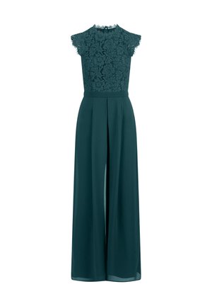 Teal jumpsuit met een kanten lijfje, korte mouwen, een hoge halslijn en een ontwerp met wijde benen en een voorluit.