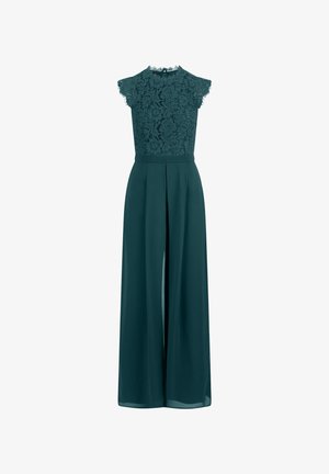 Teal jumpsuit featuring a lace bodice with short sleeves, a high neckline, and wide-leg pant design with a front slit.