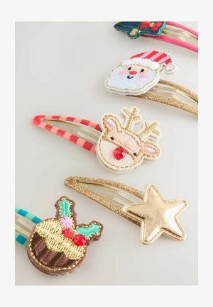 Set van feestelijke haarspeldjes met een rendier, de kerstman, een ster, een kerstboom en een pudding. Gemaakt van stof en metaal met kleurrijke ontwerpen.