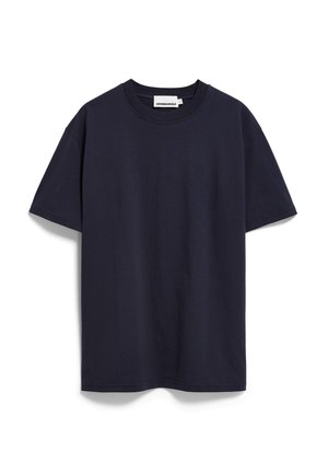 Navyblaues Baumwoll-T-Shirt mit Rundhalsausschnitt, kurzen Ärmeln und lockerem Schnitt. Etikett am Halsausschnitt sichtbar. Glatte, strukturlose Oberfläche.