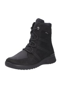 Zwarte enkelboots van een combinatie van suede en glad materiaal, met vetersluiting en rubberen buitenzool voor grip.