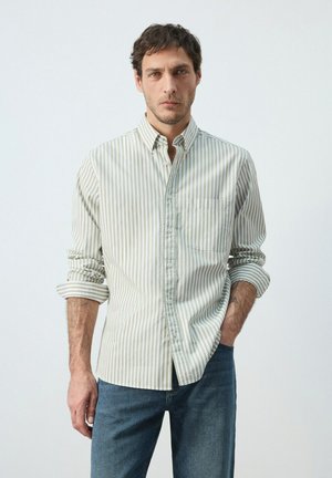 Uomo con capelli scuri corti che indossa una camicia a righe verticali verde chiaro e bianca con bottoni e jeans blu, in piedi con una mano in tasca.