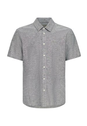 Γκρι πουκάμισο με κοντά μανίκια και γιακά, με επτά λευκά κουμπιά μπροστά και ελαφρώς υφασμένη υφή.