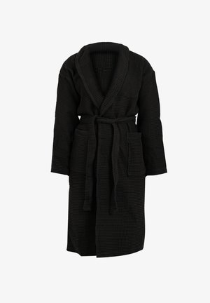 Black waffle-textured bathrobe with a shawl collar, long sleeves, a tie belt, and two front pockets.