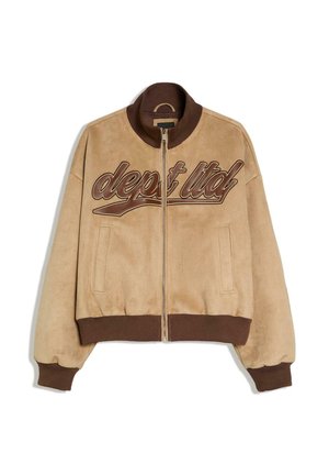 Beżowa kurtka bombowiec z brązowym prążkowanym kołnierzem, mankietami i dolną krawędzią, z przodem na zamek błyskawiczny, kieszeniami po bokach oraz haftem "dept ltd." na piersi.