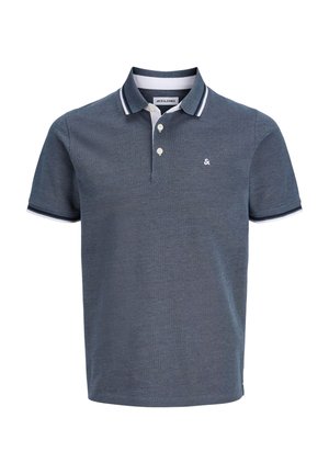 Herren-Poloshirt in Marineblau, kurze Ärmel, weiße Akzente am Kragen und den Manschetten, dreiknöpfige Knopfleiste, kleines Logo auf der Brust, strukturierter Stoff.