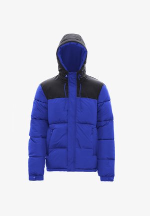 Blaue und schwarze Steppjacke mit Kapuze, ausgestattet mit einem Reißverschluss, verstellbaren Zugbändern und zwei Seitentaschen. Strukturiertes, gestepptes Design.