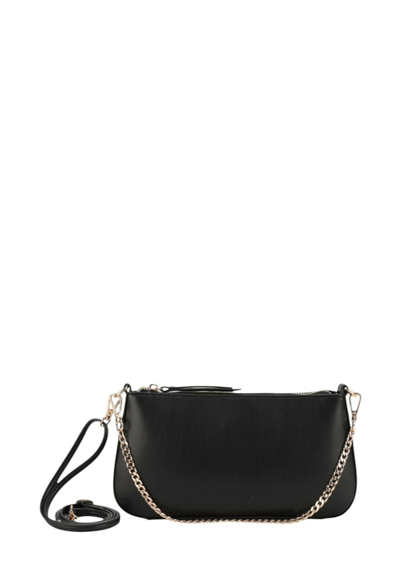 Borsa crossbody nera in similpelle con una texture liscia, forma arrotondata, chiusura con zip e tracolla a catena rimovibile.