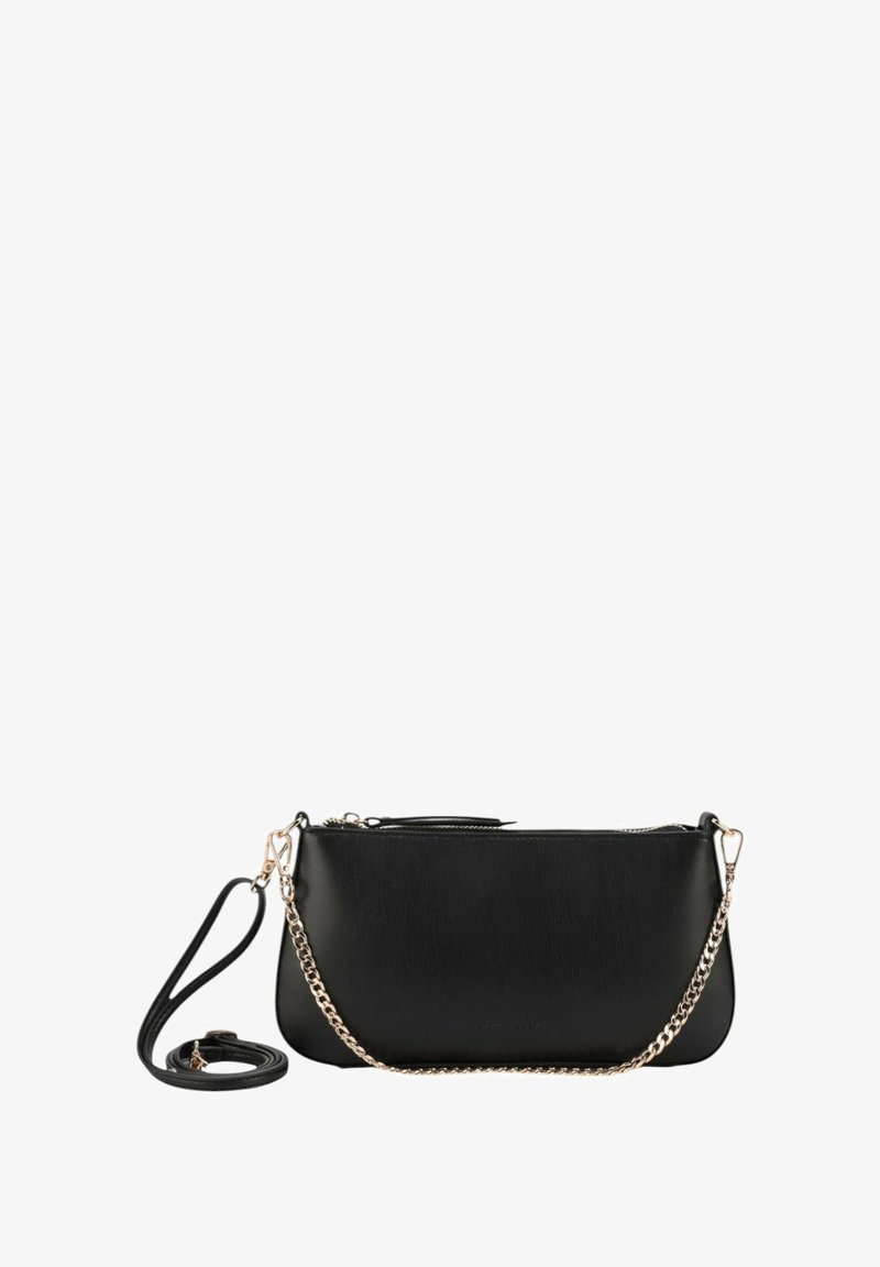 Borsa crossbody nera in similpelle con una texture liscia, forma arrotondata, chiusura con zip e tracolla a catena rimovibile.