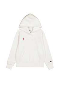 Sudadera blanca con bolsillo canguro frontal, logo "Champion" bordado y un logo distintivo en la manga. Textura de tela suave.