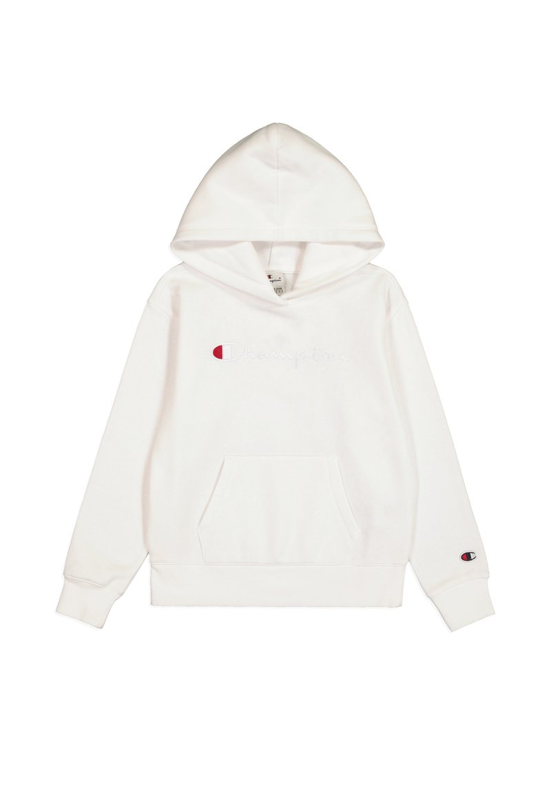 Sudadera blanca con bolsillo canguro frontal, logo "Champion" bordado y un logo distintivo en la manga. Textura de tela suave.