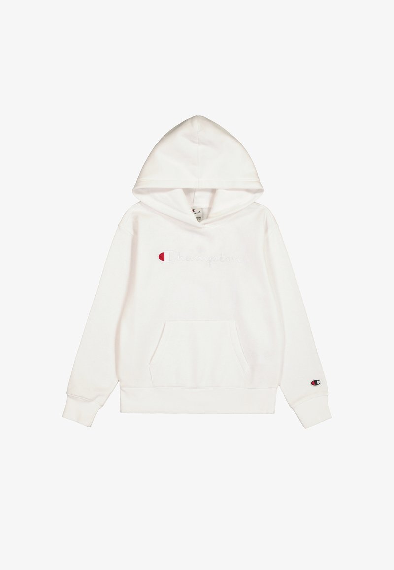 Sudadera blanca con bolsillo canguro frontal, logo "Champion" bordado y un logo distintivo en la manga. Textura de tela suave.