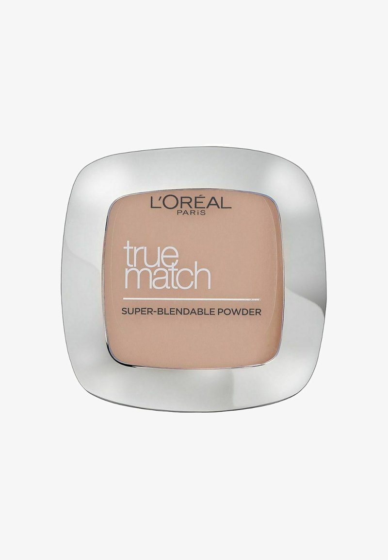 L'Oréal Paris True Match Super-Blendable Powder i en fyrkantig, silver kompakt med ett persiko-färgat puder inuti och vit text på locket.