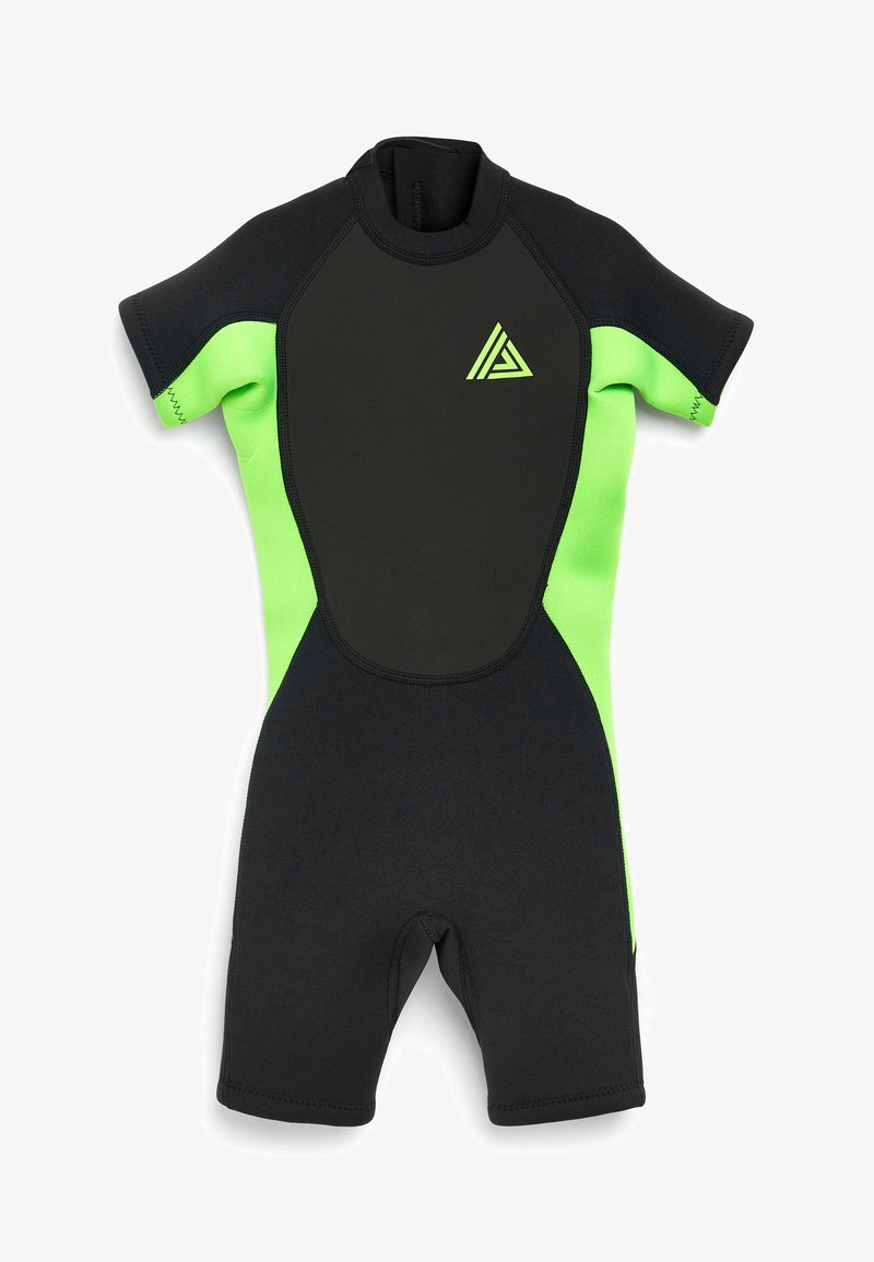 Wetsuit court en néoprène noir avec des panneaux latéraux vert fluo et un petit logo. Manches courtes et design ajusté, adapté aux sports nautiques.