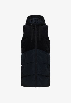 Schwarze Kapuzenweste, die eine Mischung aus Cord und gepolstertem Material aufweist. Mit Reißverschluss, zwei seitlichen Taschen und gestepptem Textil im unteren Bereich.