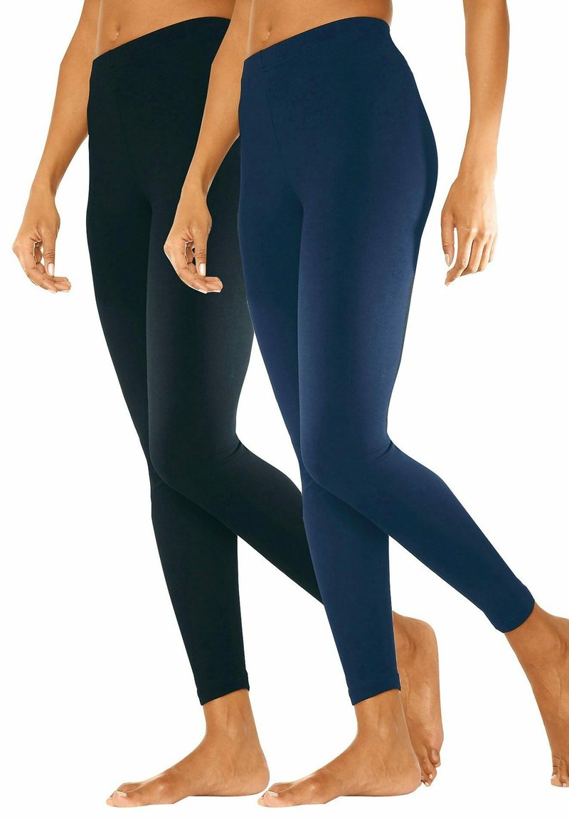 Leggings noirs et bleu marine avec une texture lisse, une taille haute et un design ajusté, présentés sur deux pieds.