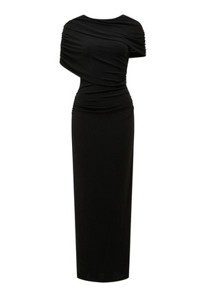 Μαύρο μάξι φόρεμα με έναν ώμο, με ρεμπάτ και εφαρμοστή σιλουέτα, καθώς και ασύμμετρο ντεκολτέ.