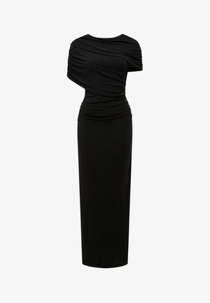 Μαύρο μάξι φόρεμα με έναν ώμο, με ρεμπάτ και εφαρμοστή σιλουέτα, καθώς και ασύμμετρο ντεκολτέ.