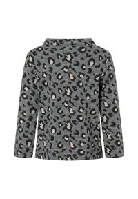 Grauer Pullover mit Leopardenmuster aus weichem Stoff, mit langen Ärmeln und Kragen, verziert mit schwarzen und beigen Flecken.