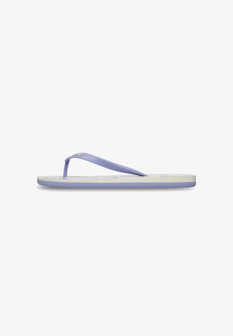 Purple flip-flop with a textured footbed, thin straps, and a white sole. Features a subtle logo on the strap, designed for comfort.