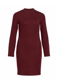 Vestito bordeaux a maniche lunghe con texture a coste, caratterizzato da un collo alto e una silhouette aderente, che arriva poco sopra il ginocchio.