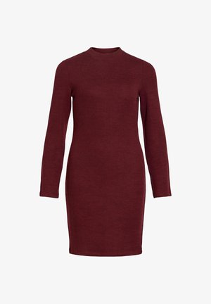 Maroon long-sleeve dress with a ribbed texture, featuring a high neckline and a fitted silhouette, reaching just above the knee.