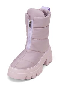 Purple padded ankle boot with a zippered front, featuring a chunky pink sole and textured upper for added warmth and comfort.