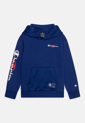 Navy blue Champion hoodie with front pocket, white and red logo on chest, sleeve, and pocket, long sleeves, and a hood.