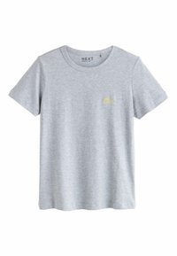 Svetlo siva majica s kratkimi rokavi iz mehkega blaga, z okroglim izrezom in majhnim rumenim vezenim napisom "Oui."