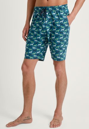Zwemshorts in blauwe stof met een patroon van witte en groene honden over de gehele stof. Elastische tailleband met een trekkoord en zijzakken.