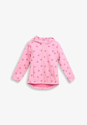 Roze zip-up jas met capuchon, met een patroon van kleine rode hartjes. Gemaakt van een glad, lichtgewicht stof met lange mouwen.