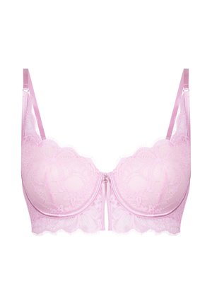 Lichtroze kanten beha met bloemmotieven, beugels, verstelbare bandjes en een klein decoratief steentje aan de voorkant in het midden.