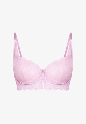 Lichtroze kanten beha met bloemmotieven, beugels, verstelbare bandjes en een klein decoratief steentje aan de voorkant in het midden.