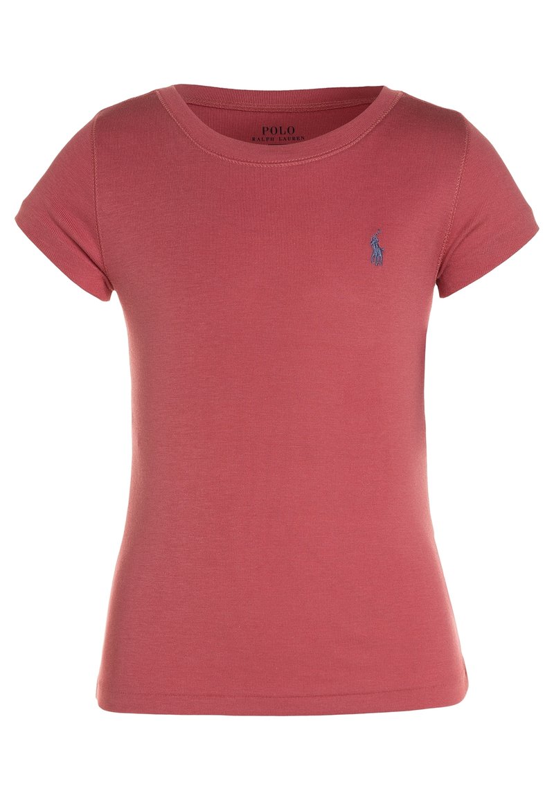 Cotton short-sleeve t-shirt in dark coral, featuring a crew neckline and small blue embroidered logo on the left chest. Smooth texture.