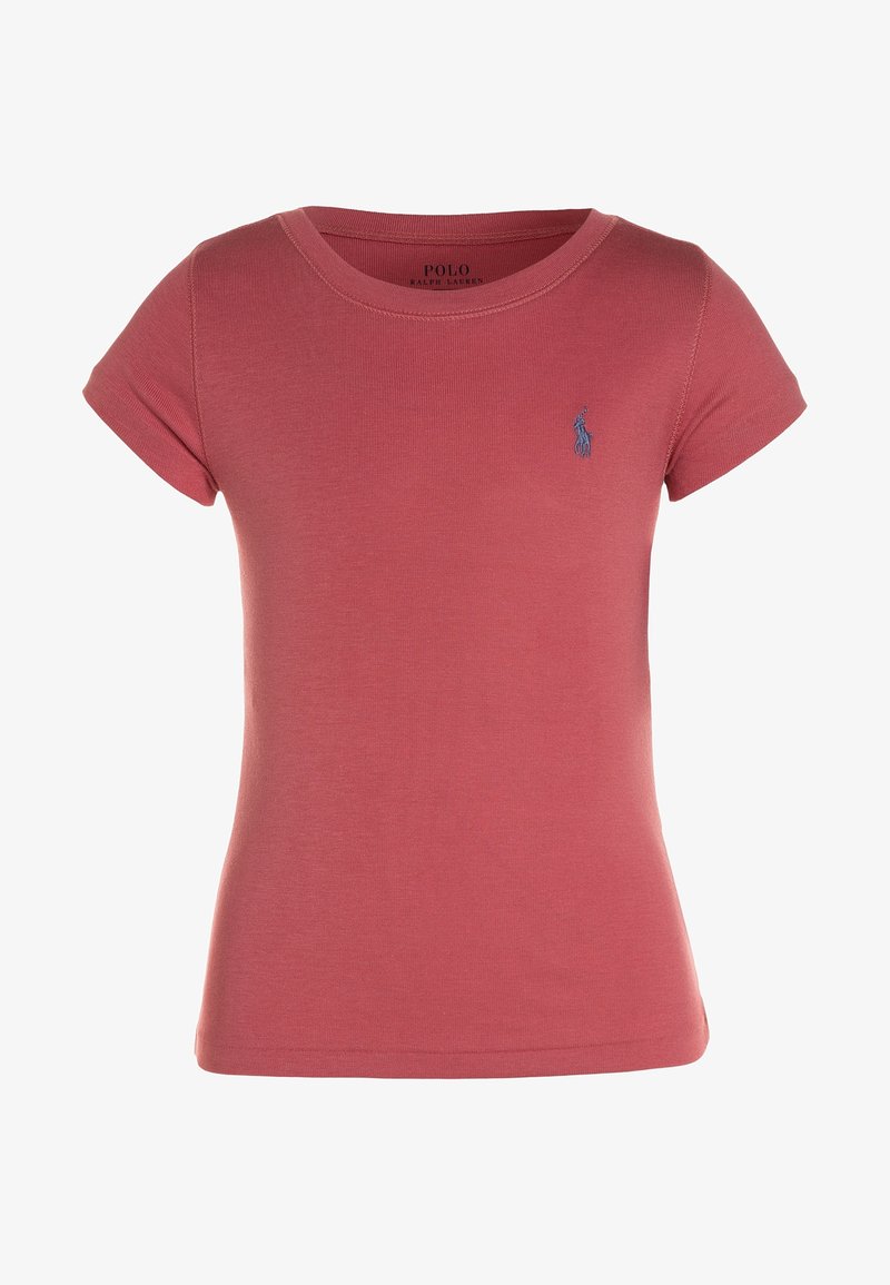 Cotton short-sleeve t-shirt in dark coral, featuring a crew neckline and small blue embroidered logo on the left chest. Smooth texture.