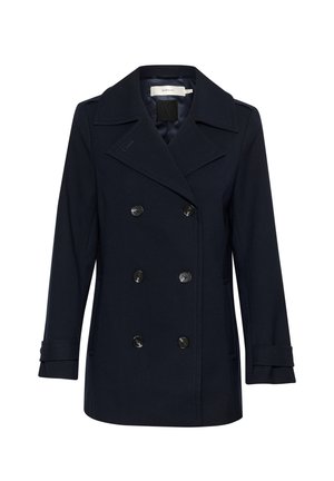 Navy double-breasted coat made of wool blend, featuring large black buttons, wide lapels, and side pockets. Textured finish and tailored cut.