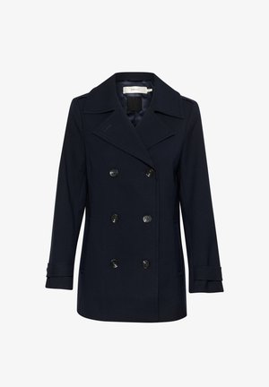 Registreeritud marineeritud kahekordne jope, mis on valmistatud villasegust, suurte mustade nööbiga, laiad klapid ja küljetaskud. Tekstuuriga viimistlus ja kohandatud lõige.