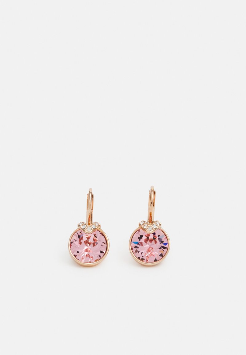 Pink crystal drop earrings with round shape, metal lever-back closure, and small decorative accents above the crystals.