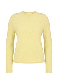 Pull en tricot côtelé jaune clair à manches longues et col rond, présenté sur un fond blanc.