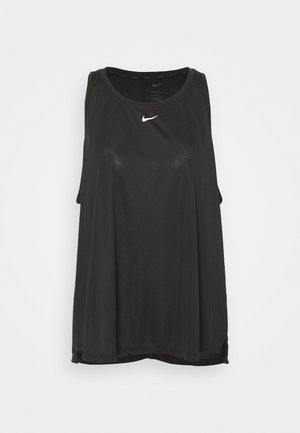 Schwarzes ärmelloses Nike Dri-FIT Sport-Top mit weißem Swoosh-Logo, mittig unterhalb des Halsausschnitts auf einfarbigem Hintergrund.