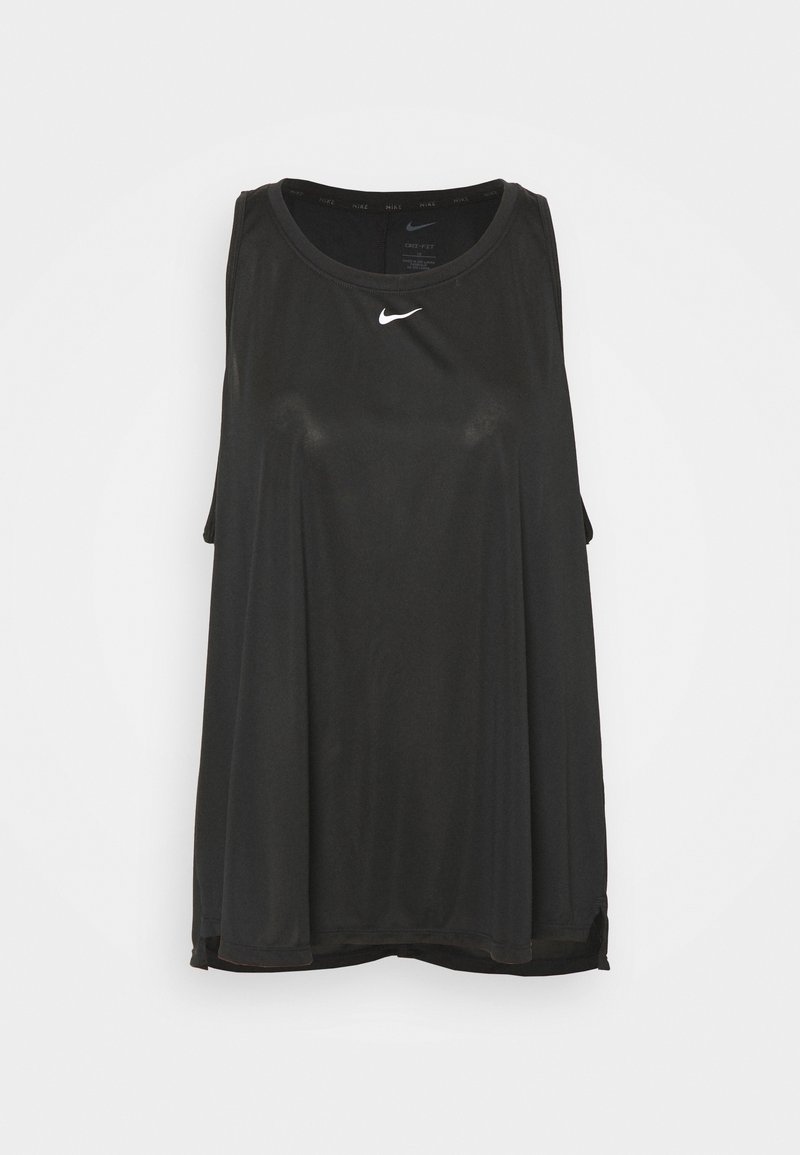 Débardeur de sport noir Nike Dri-FIT sans manches avec logo swoosh blanc centré sous l'encolure sur un fond uni.